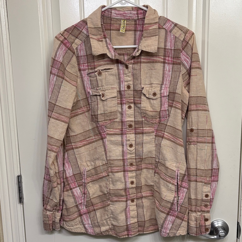 Free People Beige and Pink Plaid Button-Down Shirt